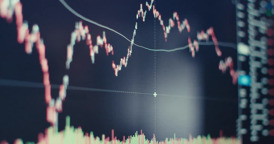 Close up of a screen displaying a trading interface with candlesticks and other trading indicators