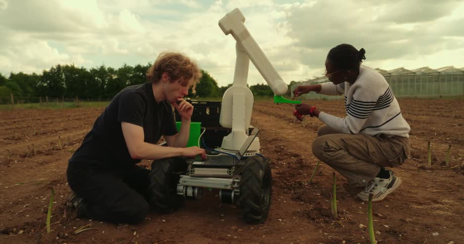 Two people work on the agricultural robot on the farm