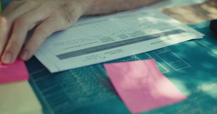 A worker writes on a post it on top of a blueprint