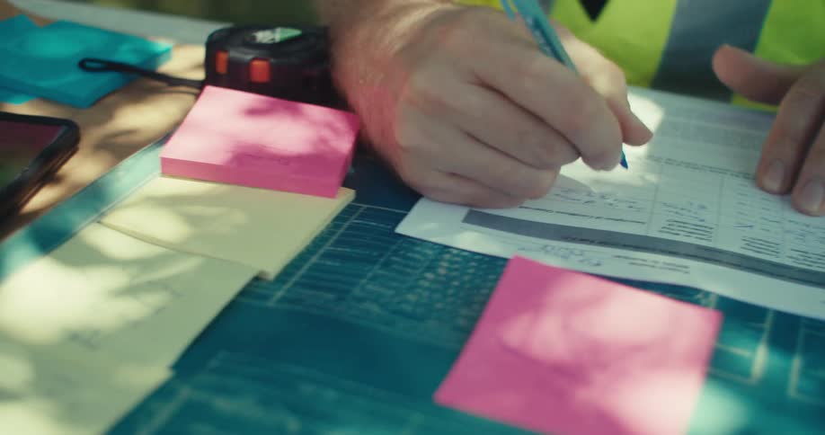A person fills out paperwork at a construction planning desk with sticky notes and blueprints