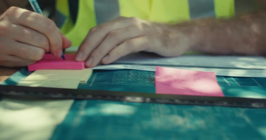 A mans hand writing on a pink paper with a ruler next to it and he is talking on the phone