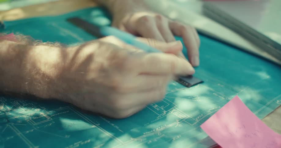 A man uses a ruler and marks on a blueprint with a pen then writes on a sticky note