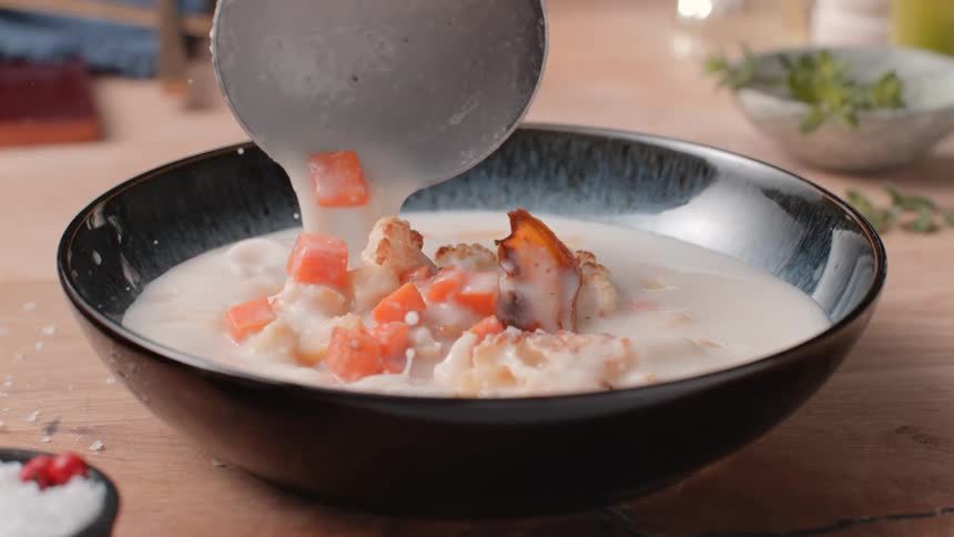 Cauliflower carrot soup is poured into a soup plate
