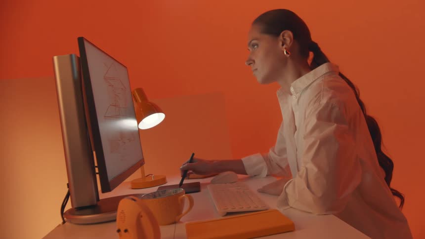 A focused woman works on architectural sketches at her computer in a brightly lit orangetoned workspace