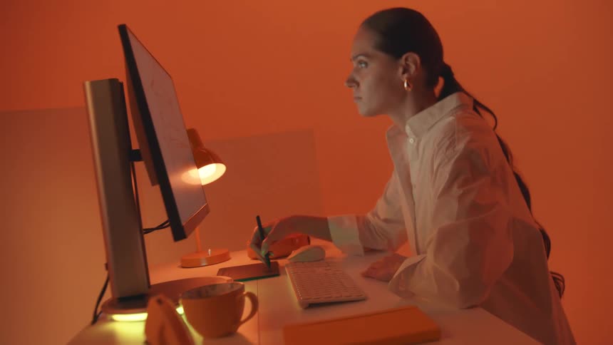An architect working on a design on her computer at the office