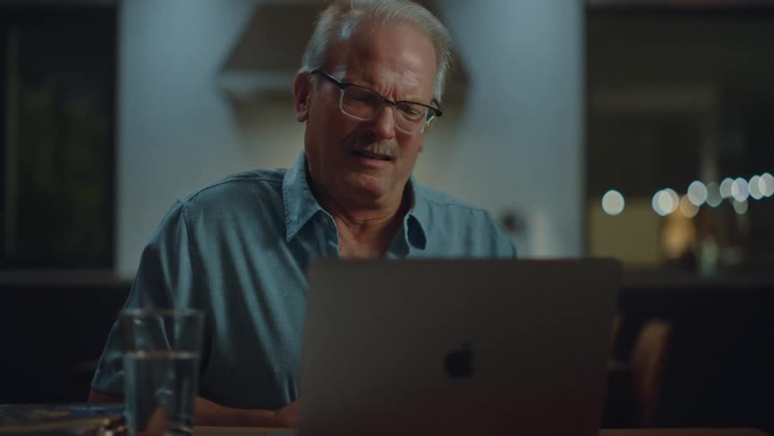 Man sits indoors working on a laptop with a mildly irritated expression