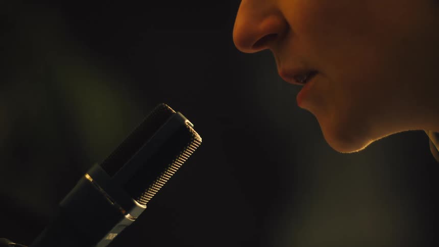 The woman is speaking into the microphone