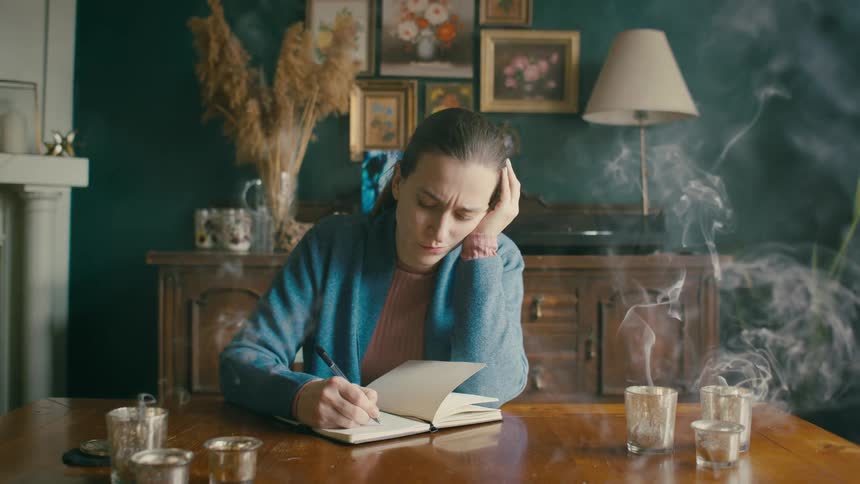 A woman is writing while incense is burning around her