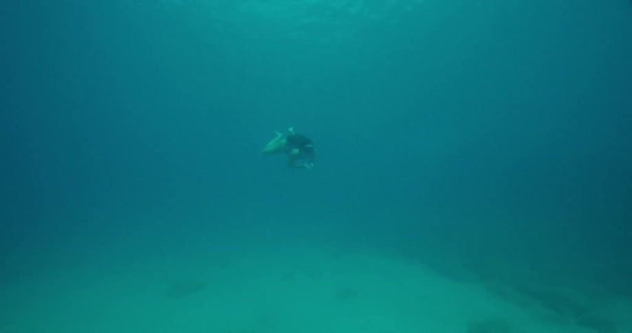 A diver swims underwater in a deep ocean scene