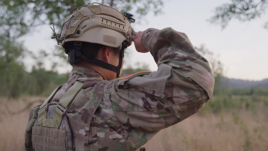 The soldier salutes in the tall grass