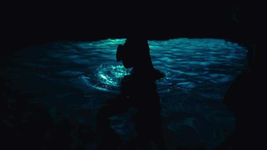 Silhouette of a woman snorkeling swimming in calm waters in a cave