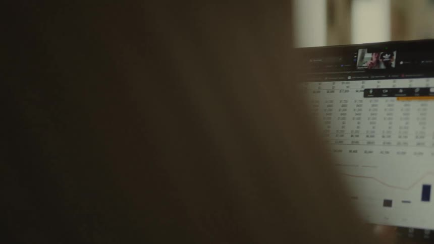 A woman is looking at a graph on her laptop