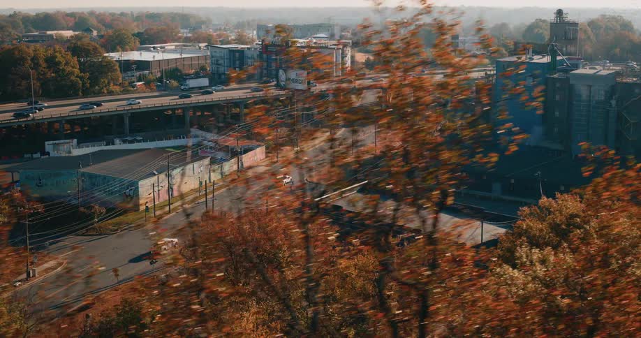 Aerial view of a viaduct in the middle of a metropolis with vehicle traffic