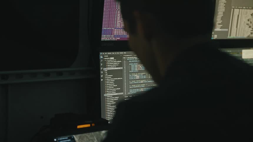 A person works in a dark room with multiple screens displaying code and data