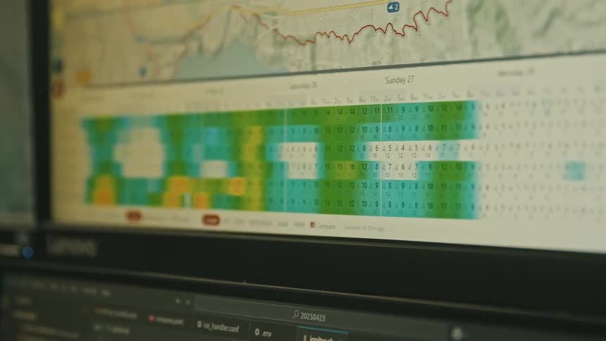 A screen displays a colorful calendar grid with numbers a map above it and code on a lower screen all slightly out of focus