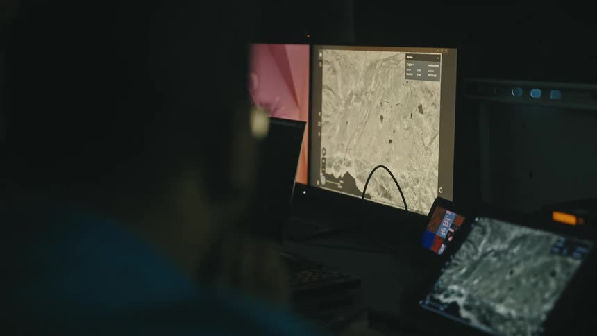 A grayscale satellite map is displayed on a computer monitor in a dark control room