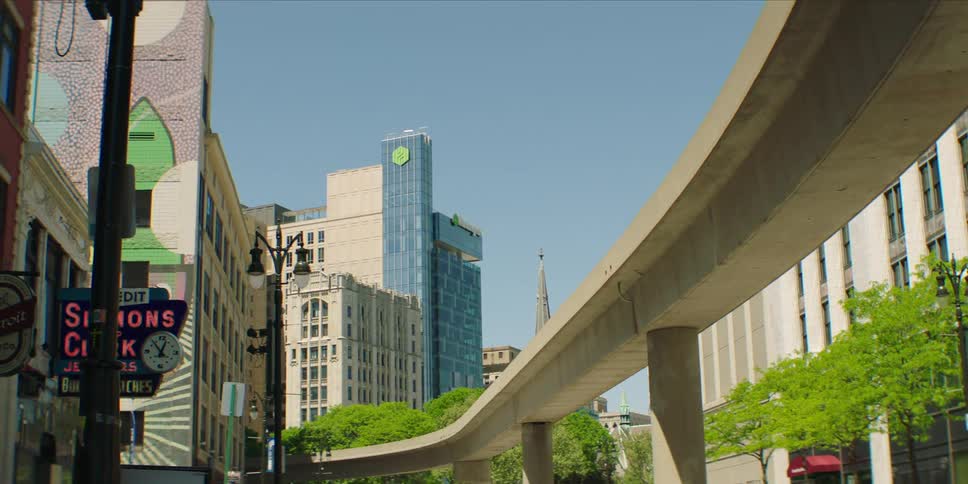 Viaduct in a metropolis with classic and modern buildings