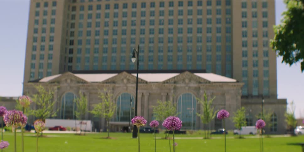 A green field with flowers is before the hotel