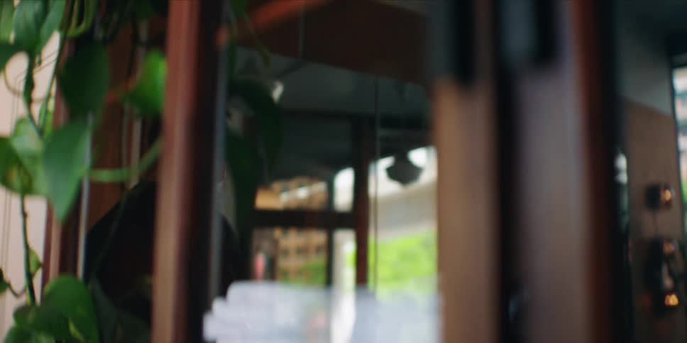 A man talks indoors seen through reflective glass partly hidden by plants