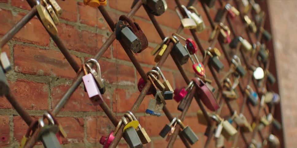 Close up of a metal grid with several padlocks