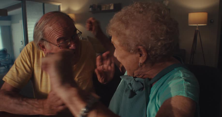 An elderly couple sitting side by side indoors watching a screen suddenly become excited and hug each other joyfully