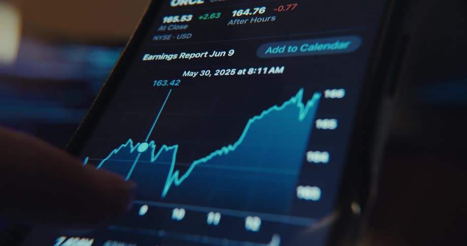 A person scrolling through a stock market chart displaying price fluctuations