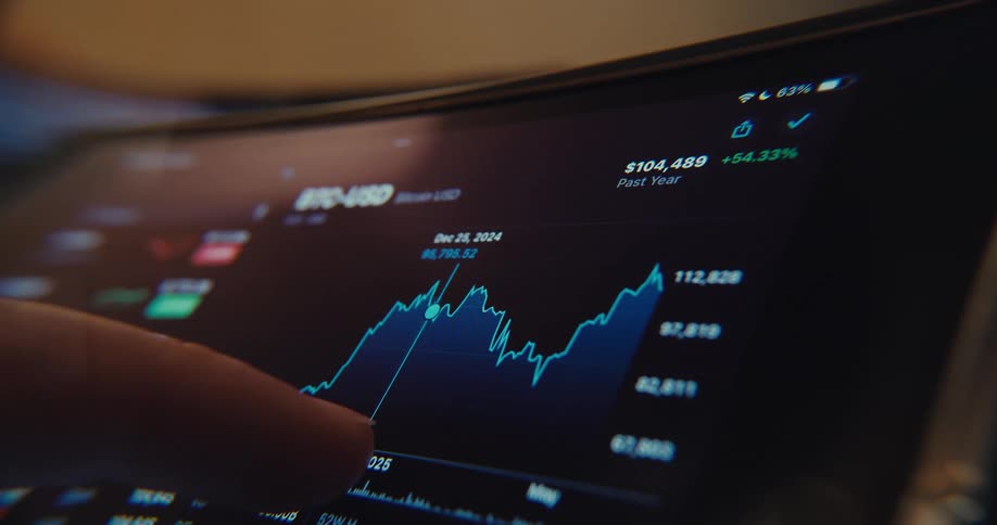 Person uses a finger to follow the plot of stock data on a device screen
