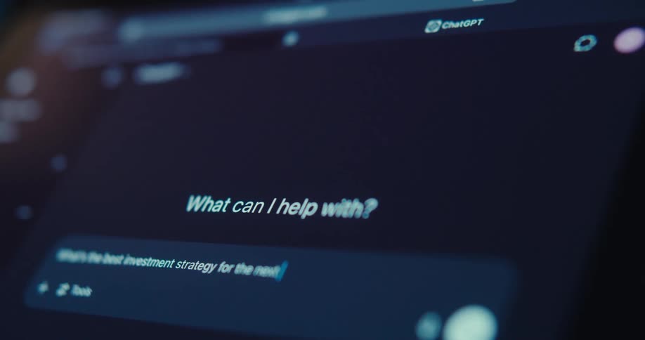 Screen shows ai chat replying to a finance query in dim tech setting