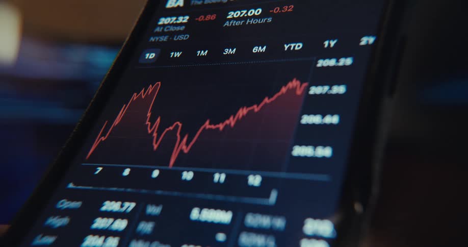 A smartphone screen displays various stock market charts rapidly changing between green upward trend and red downward trend graphs for different companies and indices