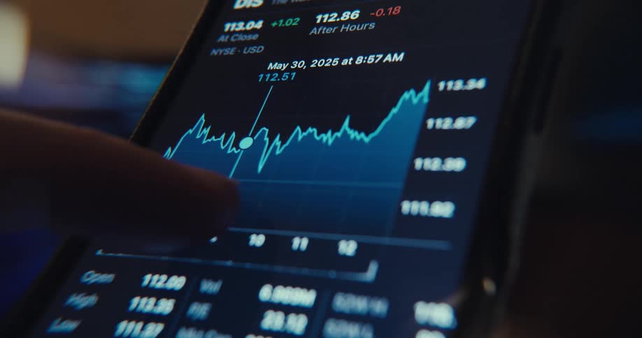 A hand is shown pointing at a line graph on a smartphone screen displaying stock market data