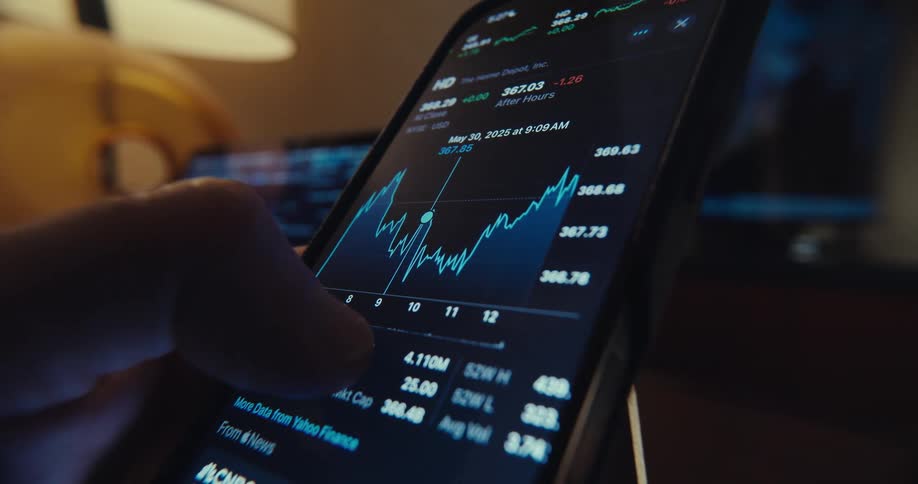 A finger scrolls through a live stock chart on a smartphone screen