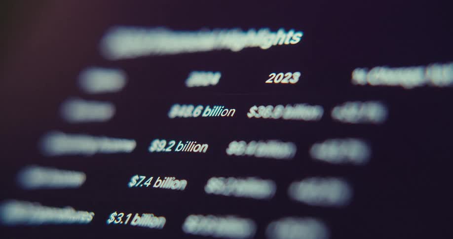 A closeup shot of a digital screen displaying blurred financial data with dollar values
