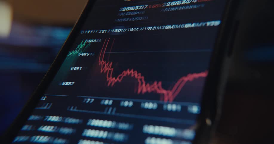 A finger scrolls through a stock market chart on a smartphone in a closeup shot
