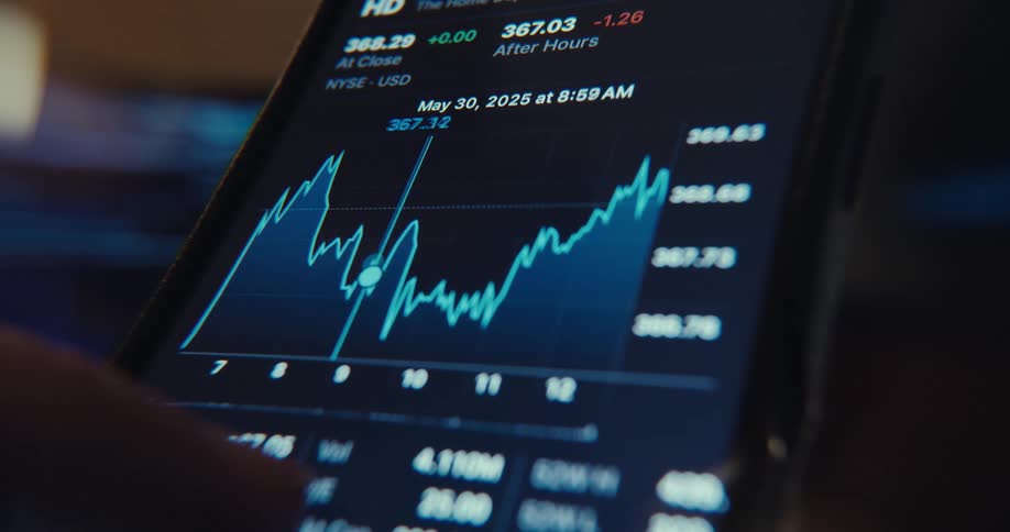 Closeup of a smartphone screen showing a fluctuating stock chart