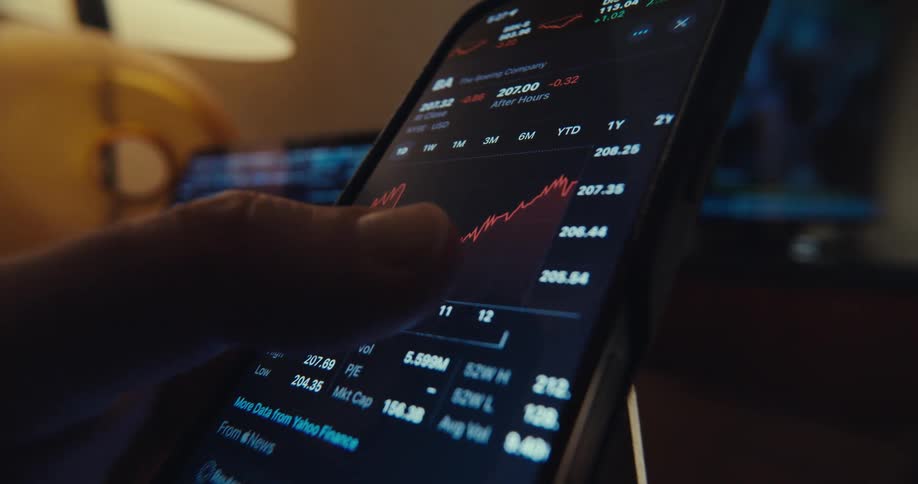 A person scrolling through a stock market chart displaying price fluctuations