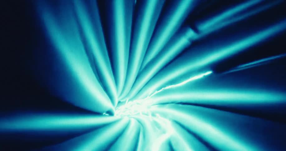 Moving forward through a vibrant blue light tunnel with a jagged white lightning streak cutting through its center