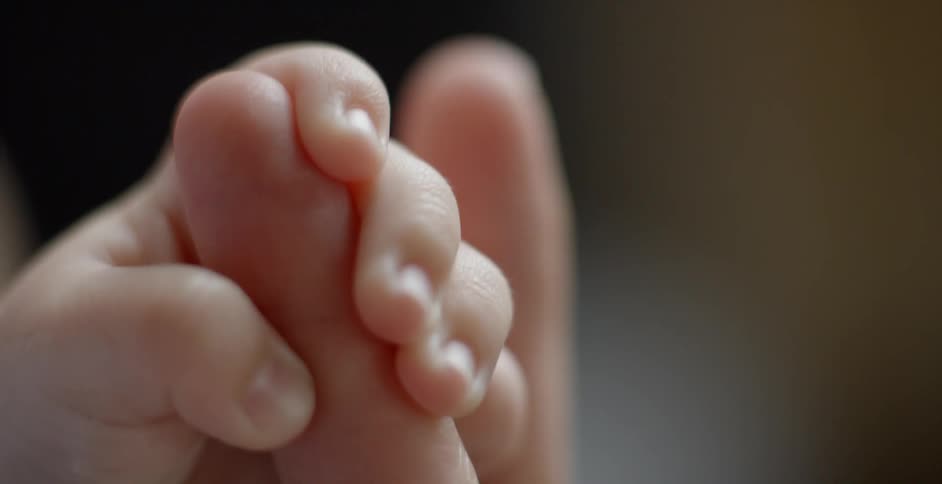 A baby grabs a grown ups hand
