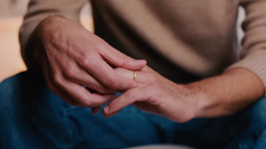 Close up of a mans hands as he touches his ring and squeezes his fingers together while sitting