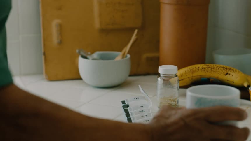 A person picks up a medicine holder removes a pill swallows it and then drinks water from a mug on the countertop