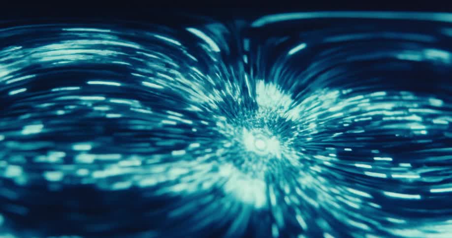 Bright lights stream around in the animation