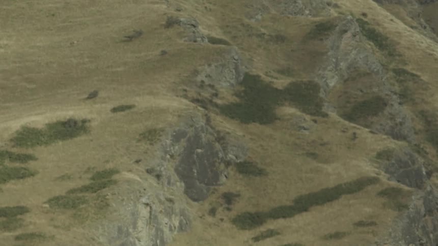 An aerial view details the rugged texture of a mountainside showcasing patches of dry grass and sparse bushes interspersed with rocky outcrops