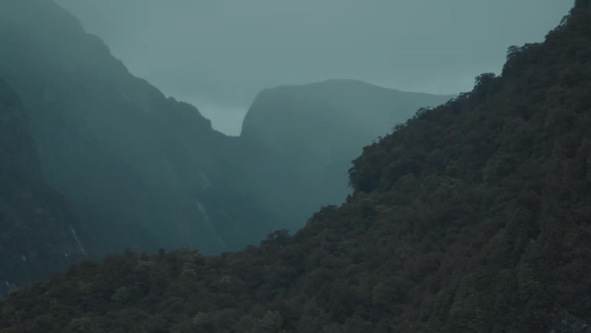 A misty mountain valley with dense forest and steep cliffs under a moody overcast sky
