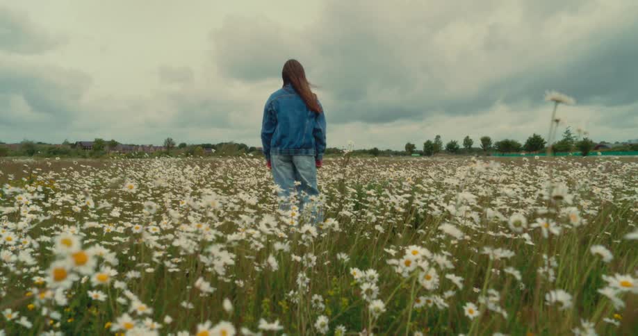 A woman in a denim jacket stands in a blooming daisy field under a cloudy sky