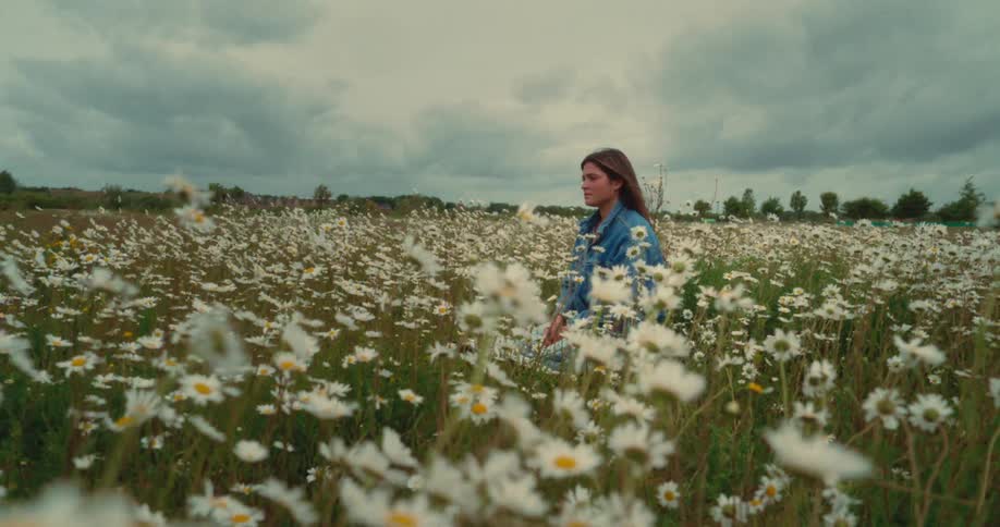 Wind blows the daisies around a woman in a field of wildflowers on an overcast day