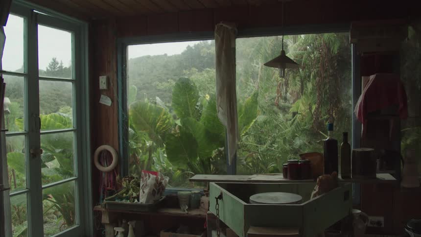 A cozy rustic kitchen interior looks out through large windows onto a lush tropical forest