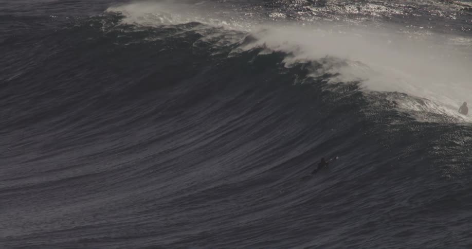 Two people ride over a forming ocean wave under the bright midday sun