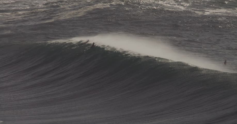 Surfers lie on their surfboards as the swelling wave passes underneath during the daytime
