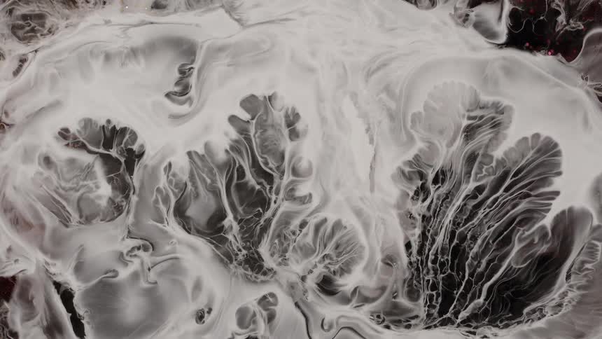 A thin milky white substance floats around on black liquid making abstract patterns