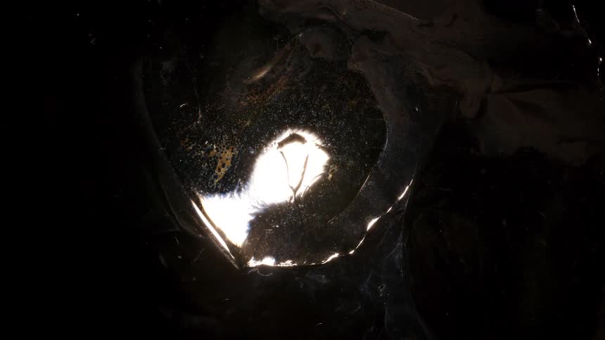 Light pierces through a textured dark surface in an abstract visual