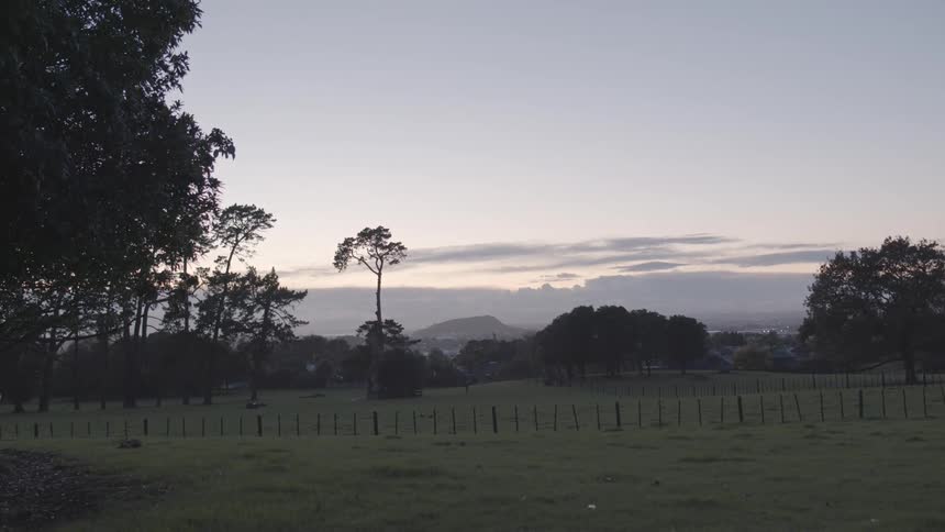 Wide shot of a peaceful rural landscape with scattered trees and distant hills at dusk